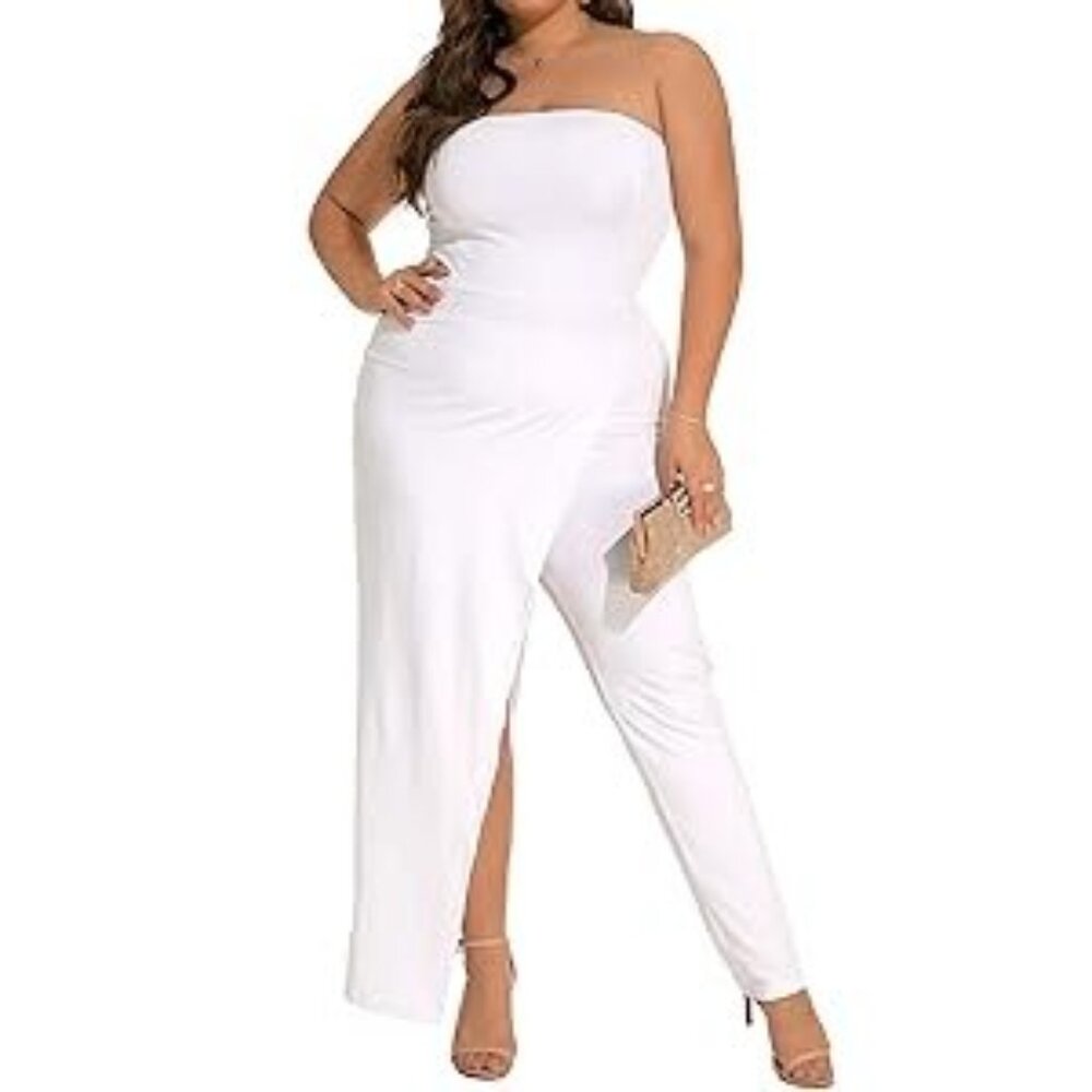 Asymmetric Split Leg Strapless Stretchy Party Romper Jumpsuit